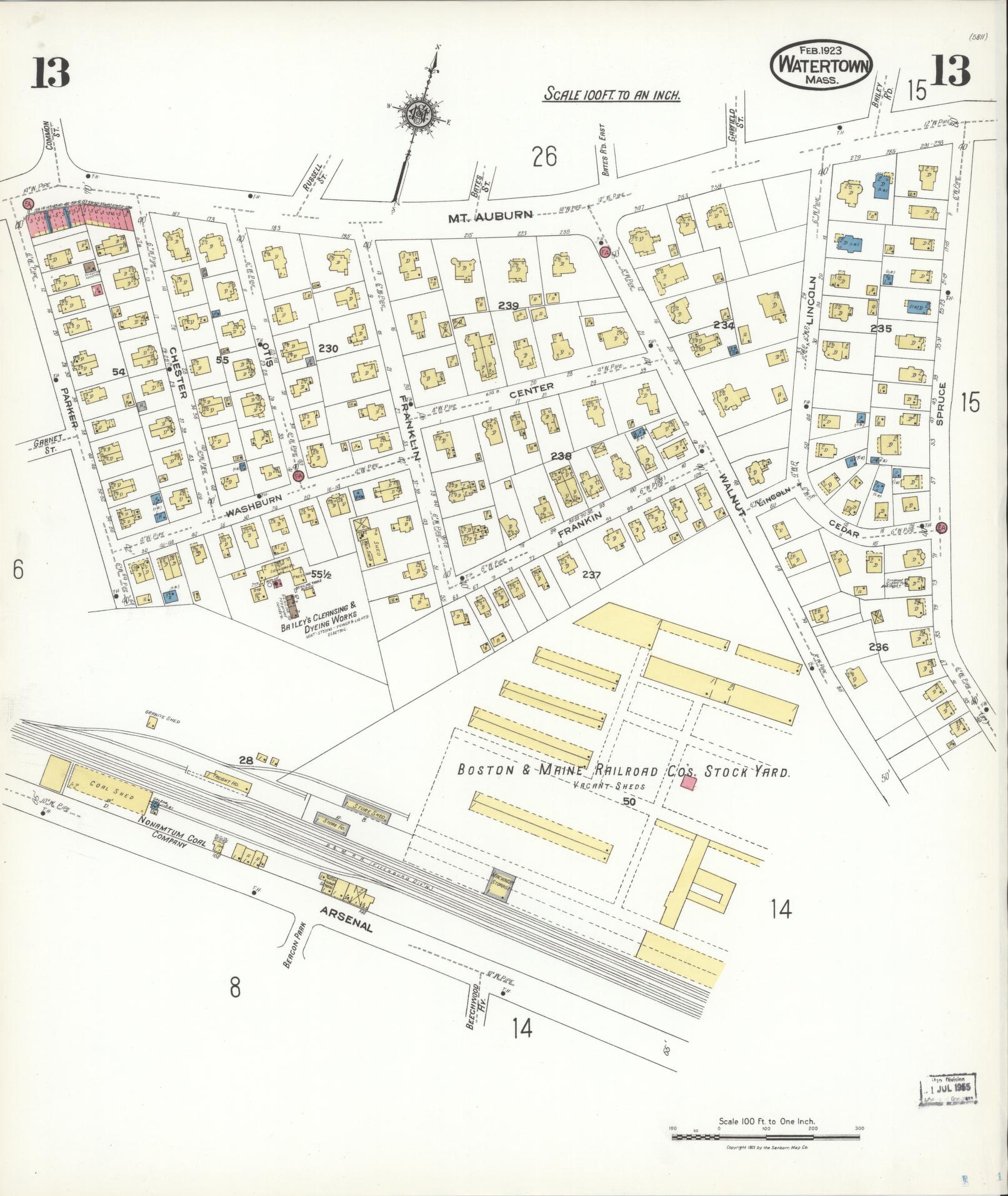 Sanborn Fire Insurance Map from Watertown, Middlesex County, Massachusetts (1923), Sheet #0013 - Historic Sanborn Fire Insurance Map Print, vintage old map wall art, antique decor, genealogy gift, Massachusetts Massachusetts map