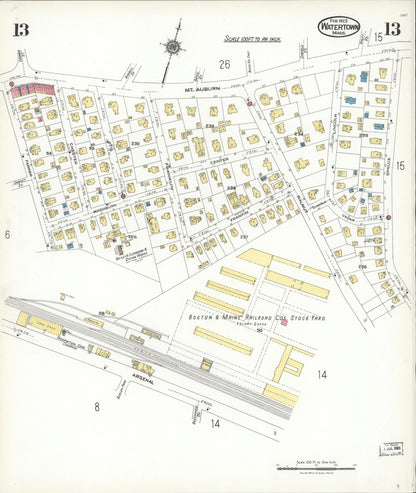 Sanborn Fire Insurance Map from Watertown, Middlesex County, Massachusetts (1923), Sheet #0013 - Historic Sanborn Fire Insurance Map Print, vintage old map wall art, antique decor, genealogy gift, Massachusetts Massachusetts map