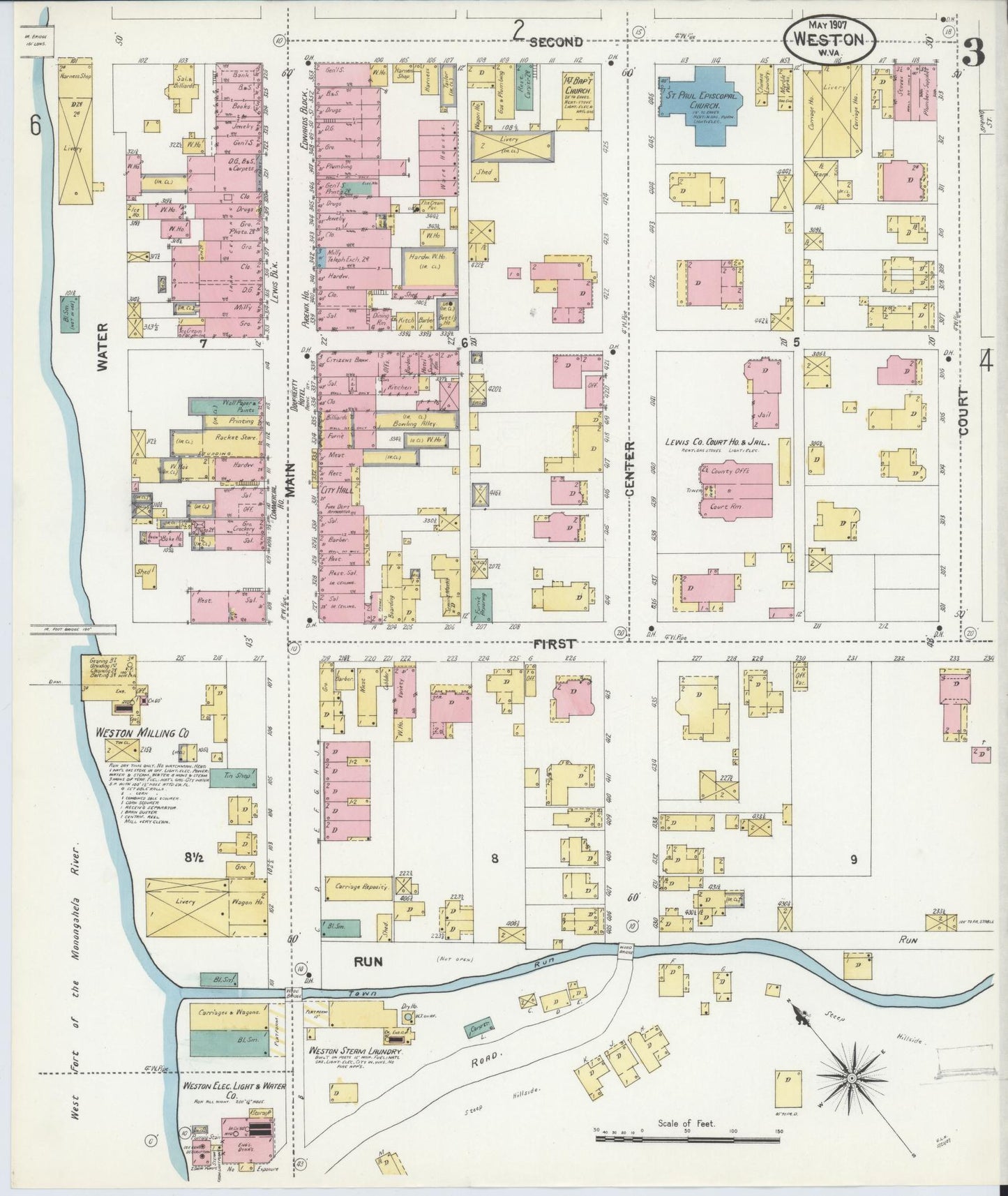 Sanborn Fire Insurance Map from Weston, Lewis County, West Virginia (1907), Sheet #0003 - Historic Sanborn Fire Insurance Map Print, vintage old map wall art, antique decor, genealogy gift, West Virginia West Virginia map