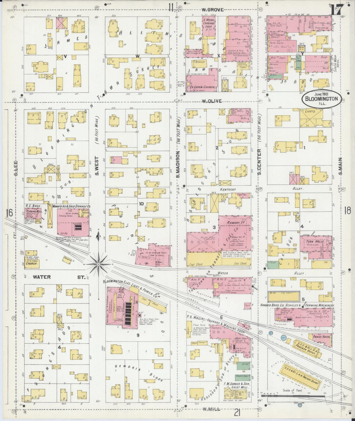 Sanborn Fire Insurance Map from Bloomington, McLean County, Illinois (1901), Sheet #0017 - Complete Map Set gallery image, historic Sanborn map, vintage wall art, Illinois Illinois