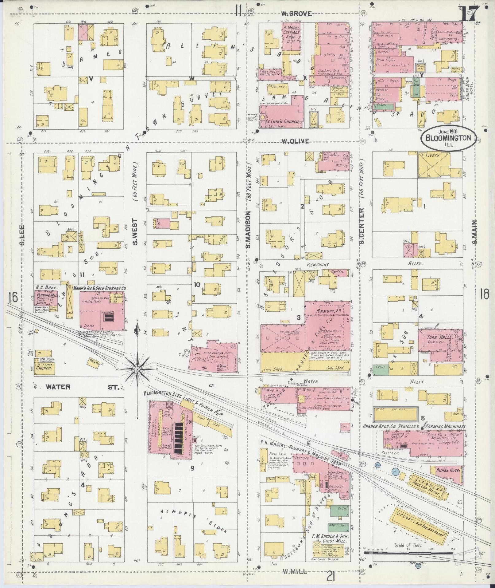Sanborn Fire Insurance Map from Bloomington, McLean County, Illinois (1901), Sheet #0017 - Complete Map Set gallery image, historic Sanborn map, vintage wall art, Illinois Illinois