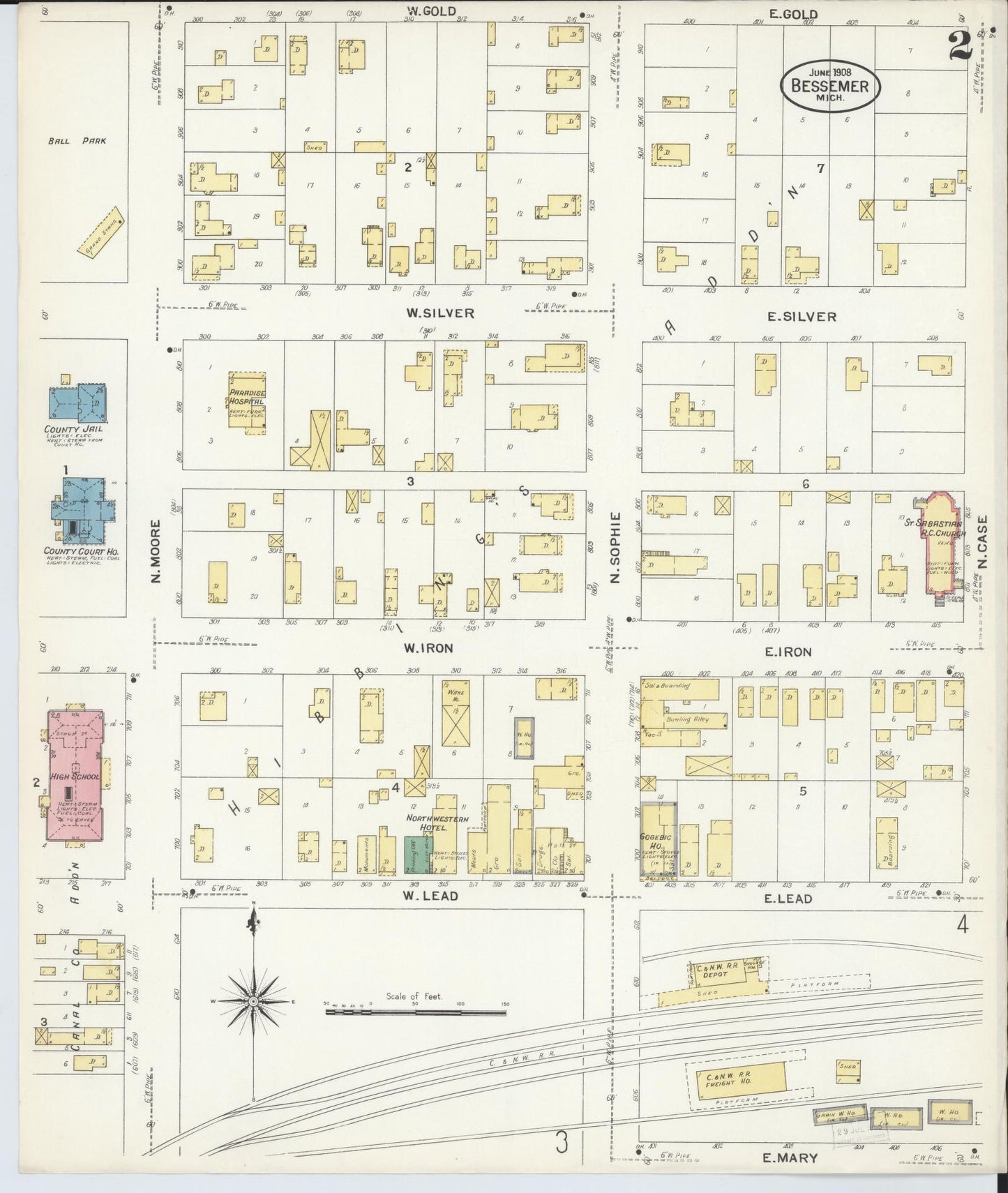 Sanborn Fire Insurance Map from Bessemer, Gogebic County, Michigan (1908), Sheet #0002 - Complete Map Set gallery image, historic Sanborn map, vintage wall art, Michigan Michigan