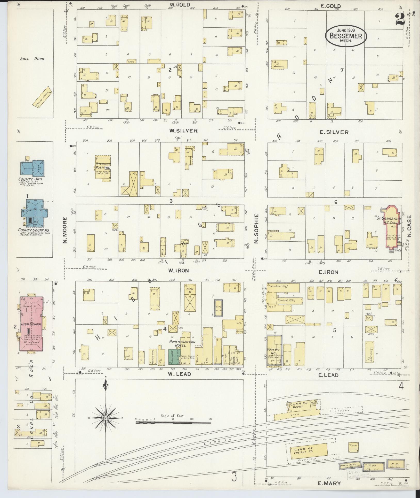 Sanborn Fire Insurance Map from Bessemer, Gogebic County, Michigan (1908), Sheet #0002 - Complete Map Set gallery image, historic Sanborn map, vintage wall art, Michigan Michigan