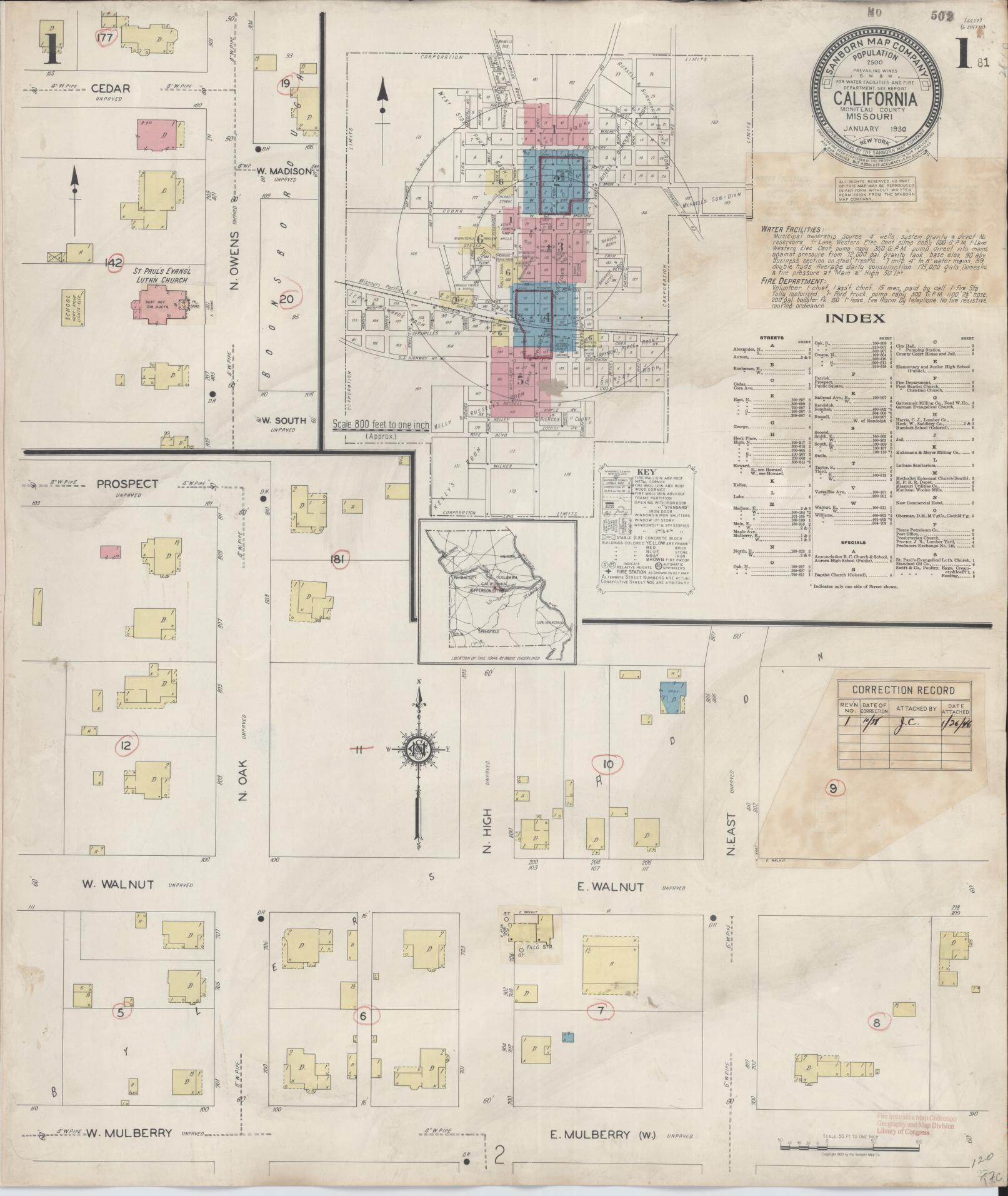 Sanborn Fire Insurance Map from California, Moniteau County, Missouri (1938), Sheet #0001 - Complete Map Set gallery image, historic Sanborn map, vintage wall art, California California