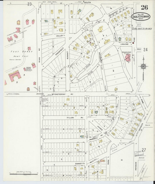 Sanborn Fire Insurance Map from Sault Sainte Marie, Chippewa County, Michigan (1915), Sheet #0026 - Historic Sanborn Fire Insurance Map Print, vintage old map wall art, antique decor, genealogy gift, Michigan Michigan map
