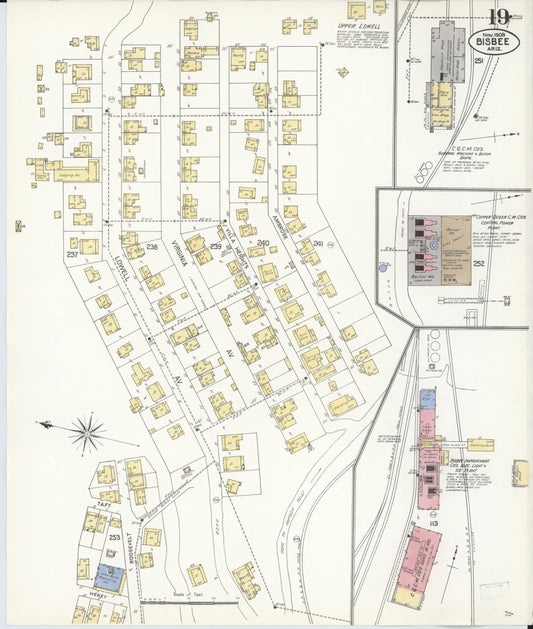 Sanborn Fire Insurance Map from Bisbee, Cochise County, Arizona (1908), Sheet #0019 - Historic Sanborn Fire Insurance Map Print, vintage old map wall art, antique decor, genealogy gift, Arizona Arizona map