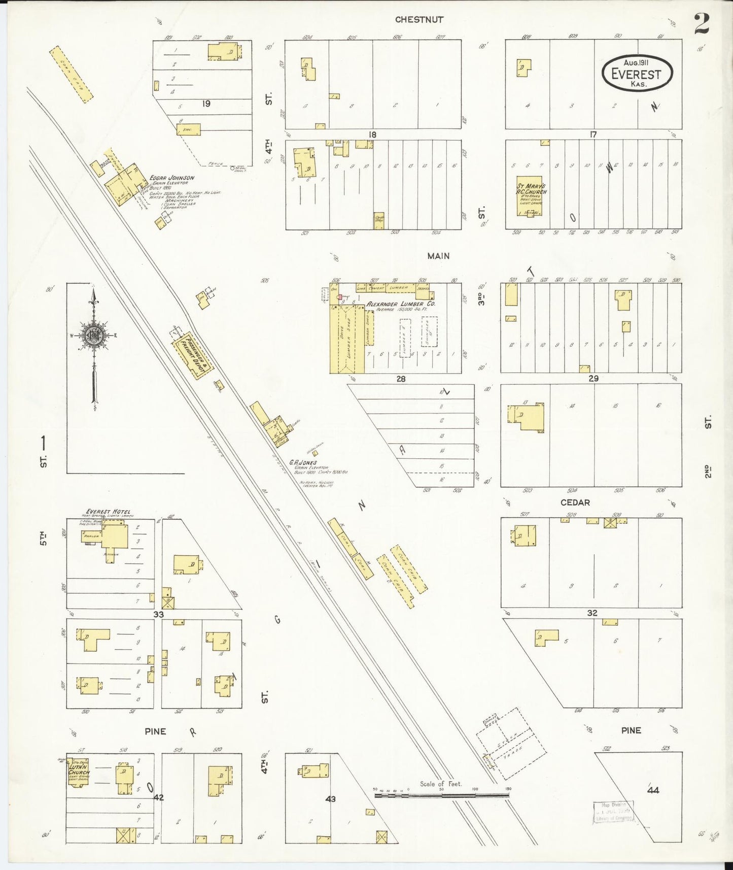 Sanborn Fire Insurance Map from Everest, Brown County, Kansas (1911), Sheet #0002 - Complete Map Set gallery image, historic Sanborn map, vintage wall art, Kansas Kansas