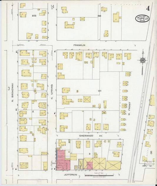 Sanborn Fire Insurance Map from Tupelo, Lee County, Mississippi (1919), Sheet #0004 - Historic Sanborn Fire Insurance Map Print, vintage old map wall art, antique decor, genealogy gift, Mississippi Mississippi map