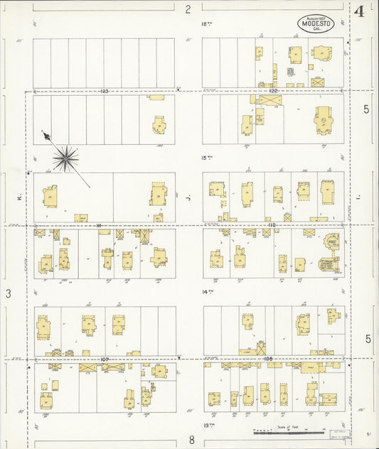 Sanborn Fire Insurance Map from Modesto, Stanislaus County, California (1907), Sheet #0004 - Historic Sanborn Fire Insurance Map Print, vintage old map wall art, antique decor, genealogy gift, California California map