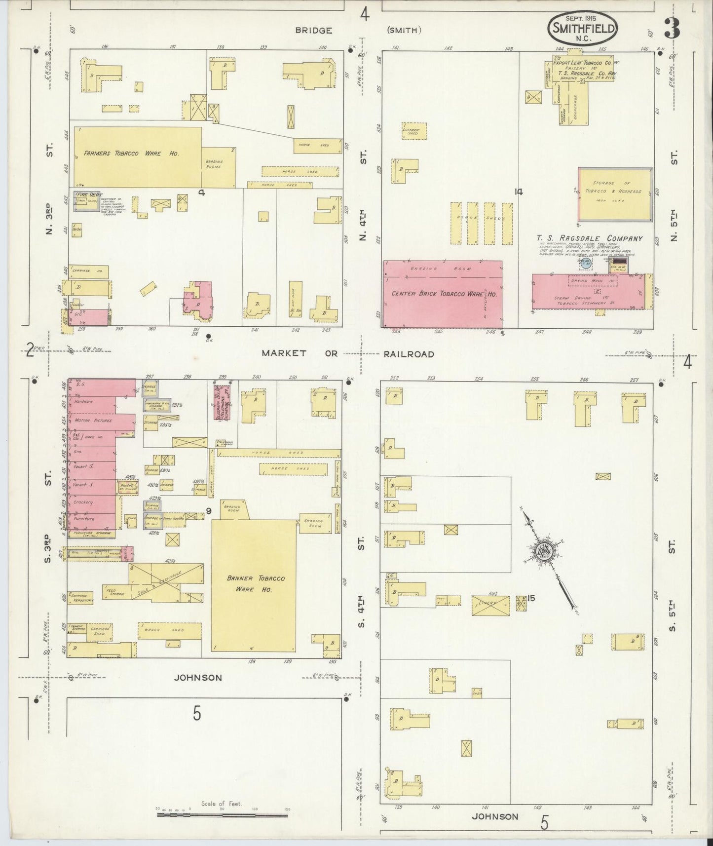 Sanborn Fire Insurance Map from Smithfield, Johnston County, North Carolina (1915), Sheet #0003 - Complete Map Set gallery image, historic Sanborn map, vintage wall art, North Carolina North Carolina