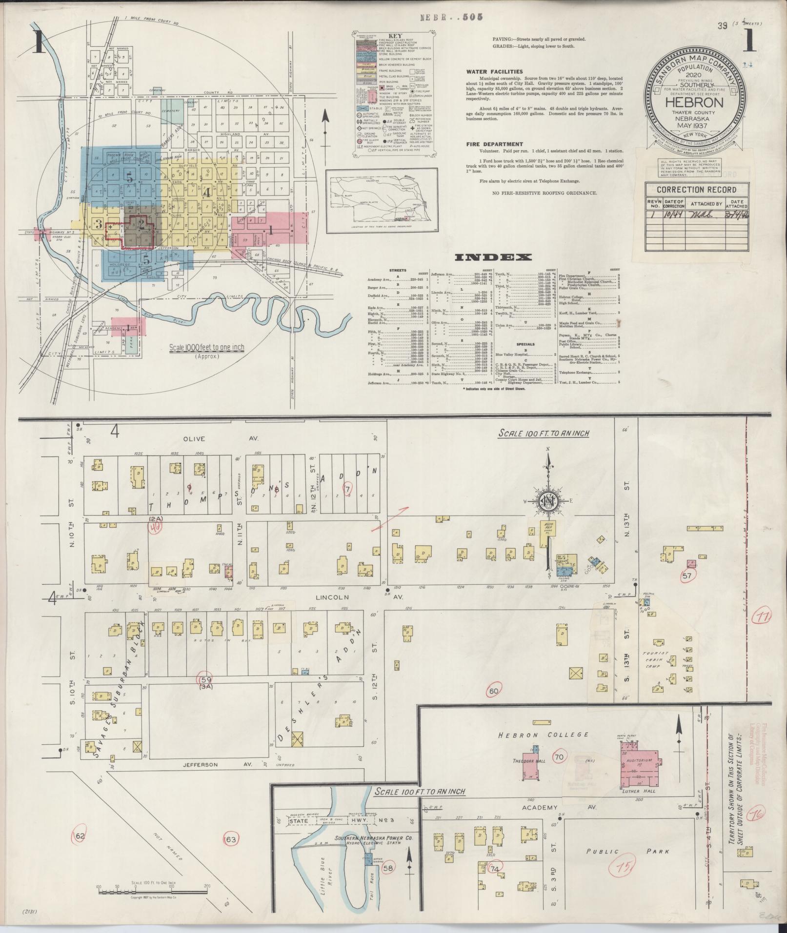 Sanborn Fire Insurance Map from Hebron, Thayer County, Nebraska (1944), Sheet #0001 - Historic Sanborn Fire Insurance Map Print, vintage old map wall art, antique decor, genealogy gift, Nebraska Nebraska map