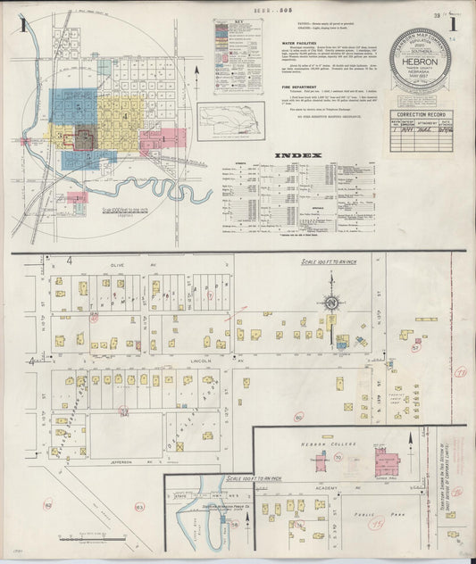 Sanborn Fire Insurance Map from Hebron, Thayer County, Nebraska (1944), Sheet #0001 - Historic Sanborn Fire Insurance Map Print, vintage old map wall art, antique decor, genealogy gift, Nebraska Nebraska map