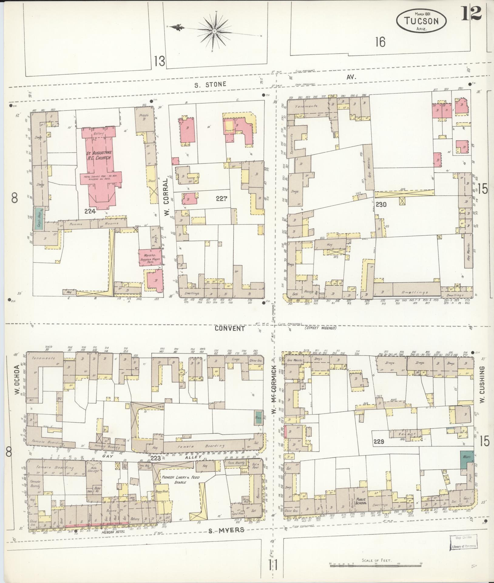 Sanborn Fire Insurance Map from Tucson, Pima County, Arizona (1901), Sheet #0012 - Historic Sanborn Fire Insurance Map Print, vintage old map wall art, antique decor, genealogy gift, Arizona Arizona map