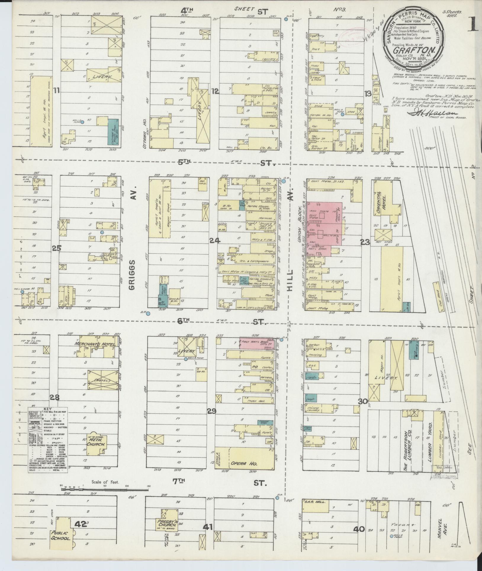 Sanborn Fire Insurance Map from Grafton, Walsh County, North Dakota (1891), Sheet #0001 - Historic Sanborn Fire Insurance Map Print, vintage old map wall art, antique decor, genealogy gift, North Dakota North Dakota map