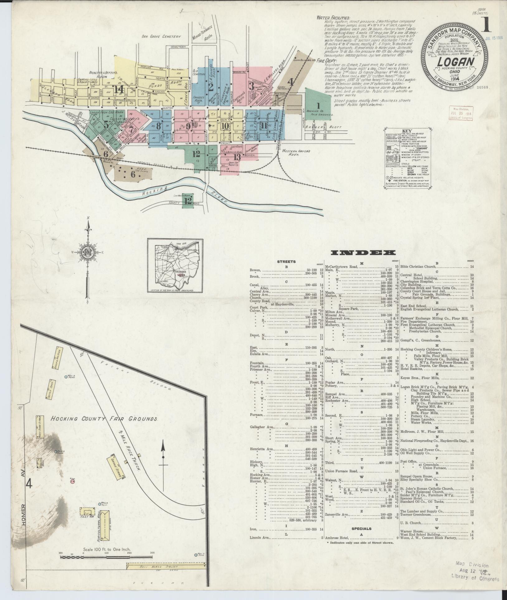 Sanborn Fire Insurance Map from Logan, Hocking County, Ohio (1914), Sheet #0001 - Historic Sanborn Fire Insurance Map Print, vintage old map wall art, antique decor, genealogy gift, Ohio Ohio map