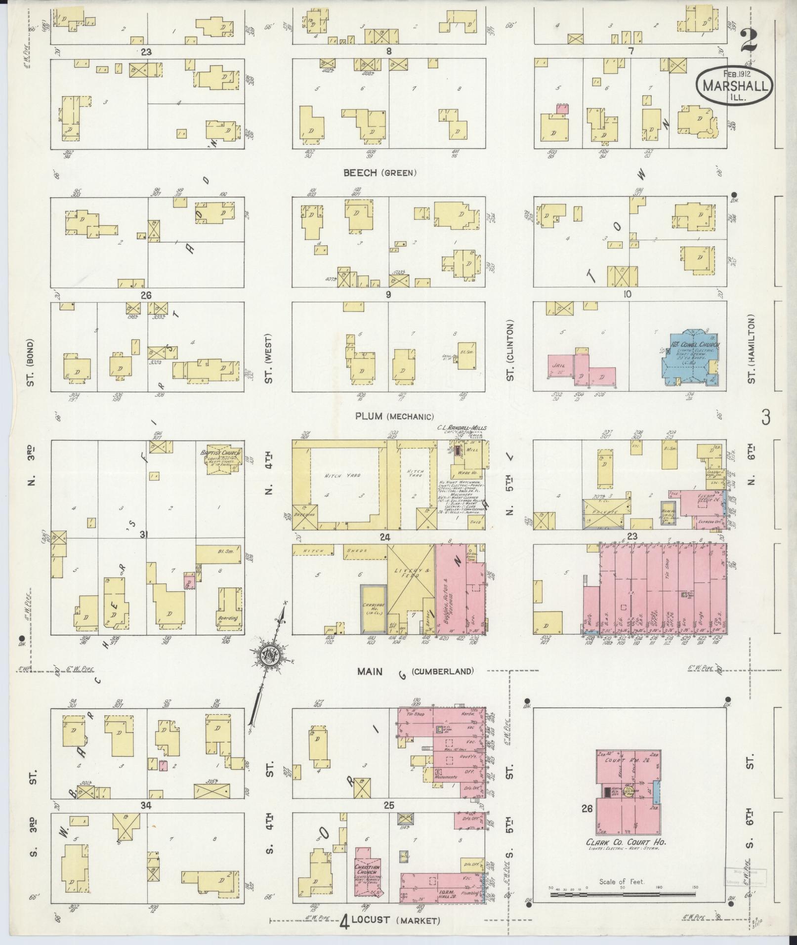 Sanborn Fire Insurance Map from Marshall, Clark County, Illinois (1912), Sheet #0002 - Historic Sanborn Fire Insurance Map Print, vintage old map wall art, antique decor, genealogy gift, Illinois Illinois map