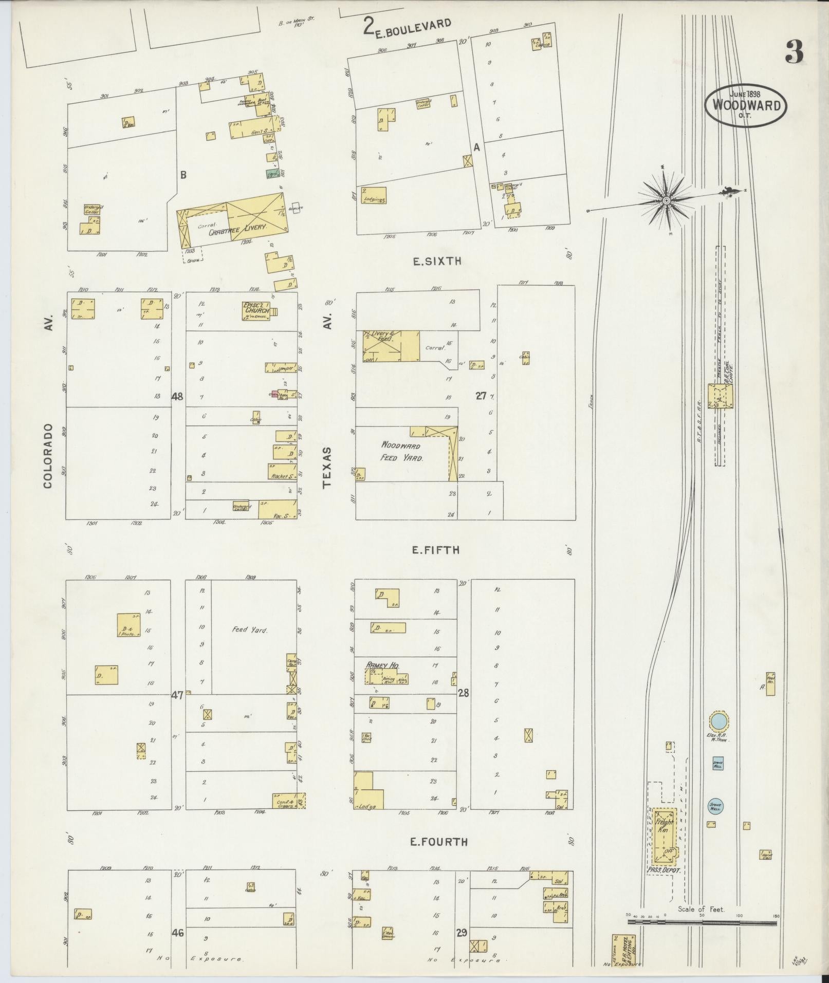 Sanborn Fire Insurance Map from Woodward, Woodward County, Oklahoma (1898), Sheet #0003 - Historic Sanborn Fire Insurance Map Print, vintage old map wall art, antique decor, genealogy gift, Oklahoma Oklahoma map