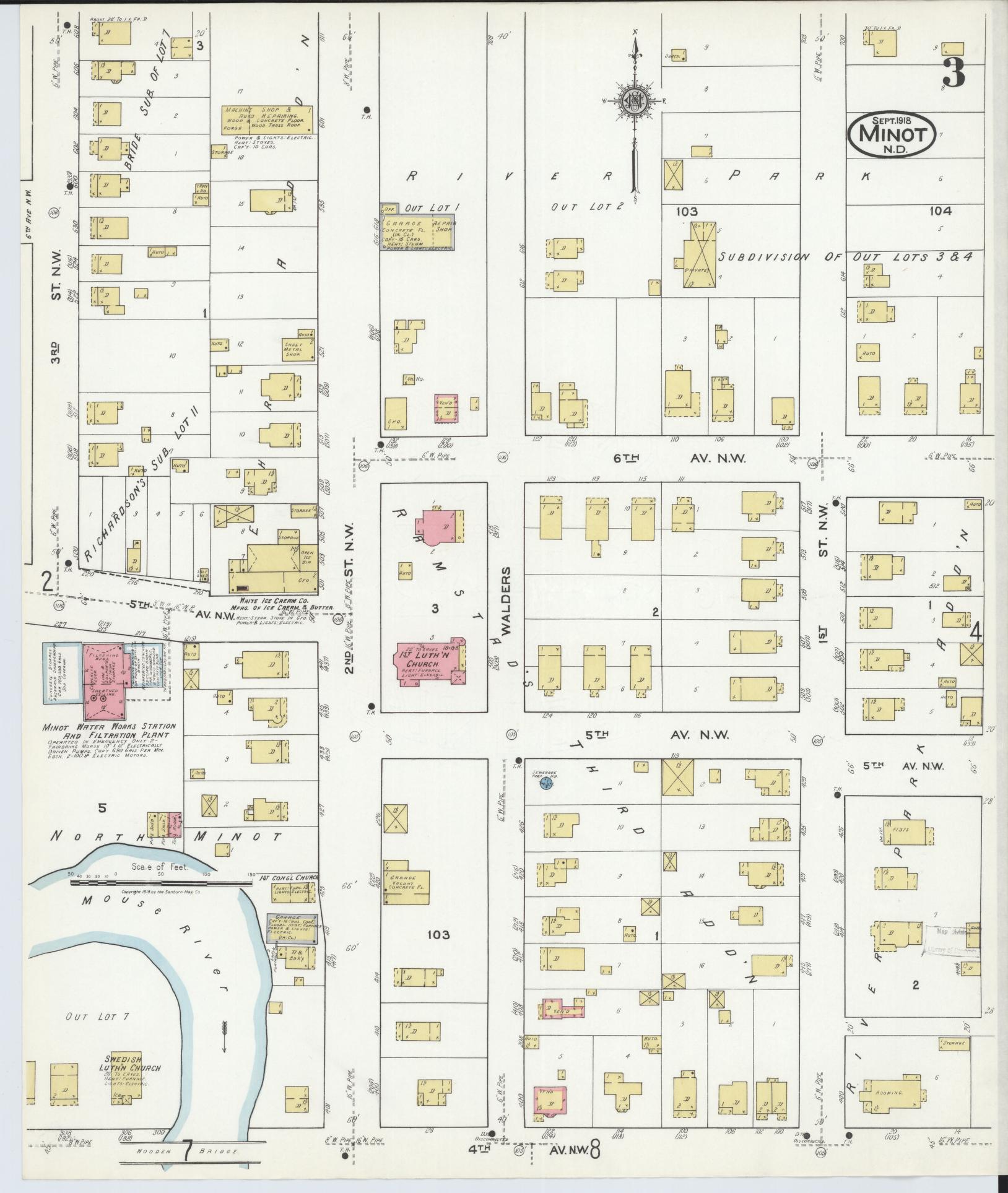 Sanborn Fire Insurance Map from Minot, Ward County, North Dakota (1918), Sheet #0003 - Historic Sanborn Fire Insurance Map Print, vintage old map wall art, antique decor, genealogy gift, North Dakota North Dakota map