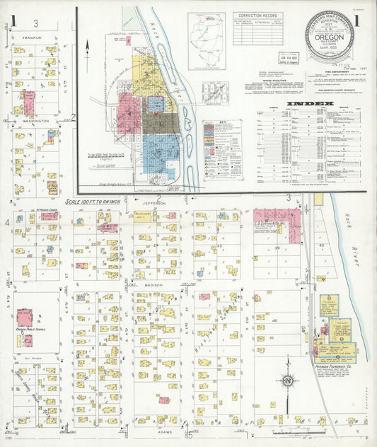 Sanborn Fire Insurance Map from Oregon, Ogle County, Illinois (1933), Sheet #0001 - Historic Sanborn Fire Insurance Map Print, vintage old map wall art, antique decor, genealogy gift, Illinois Illinois map