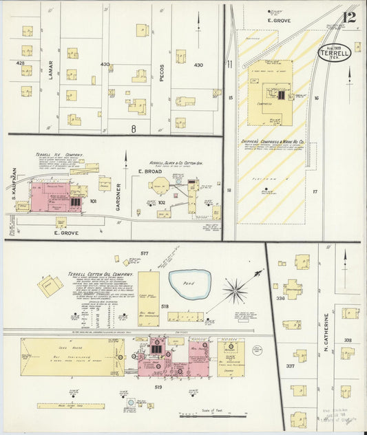 Sanborn Fire Insurance Map from Terrell, Kaufman County, Texas (1909), Sheet #0012 - Historic Sanborn Fire Insurance Map Print, vintage old map wall art, antique decor, genealogy gift, Texas Texas map