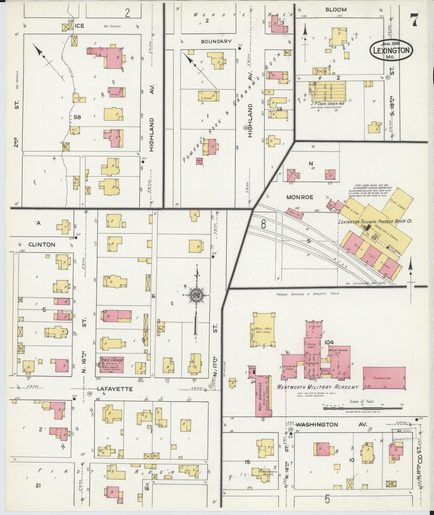 Sanborn Fire Insurance Map from Lexington, Lafayette County, Missouri (1918), Sheet #0007 - Historic Sanborn Fire Insurance Map Print, vintage old map wall art, antique decor, genealogy gift, Missouri Missouri map