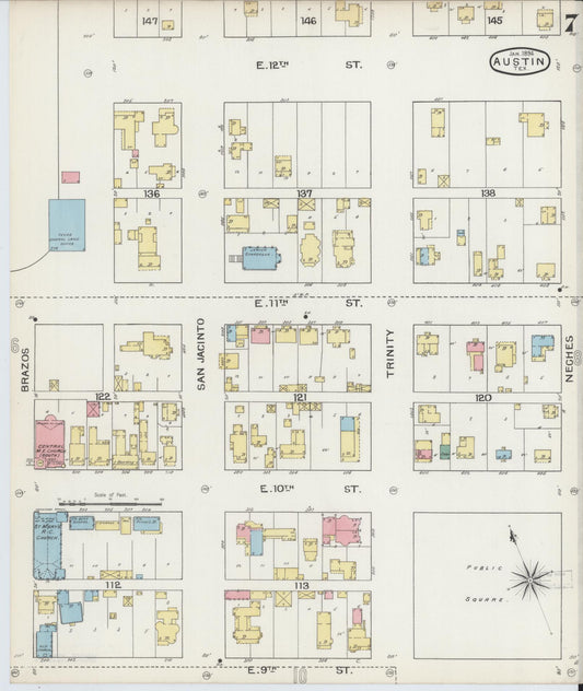 Sanborn Fire Insurance Map from Austin, Travis County, Texas (1894), Sheet #0007 - Historic Sanborn Fire Insurance Map Print, vintage old map wall art, antique decor, genealogy gift, Texas Texas map