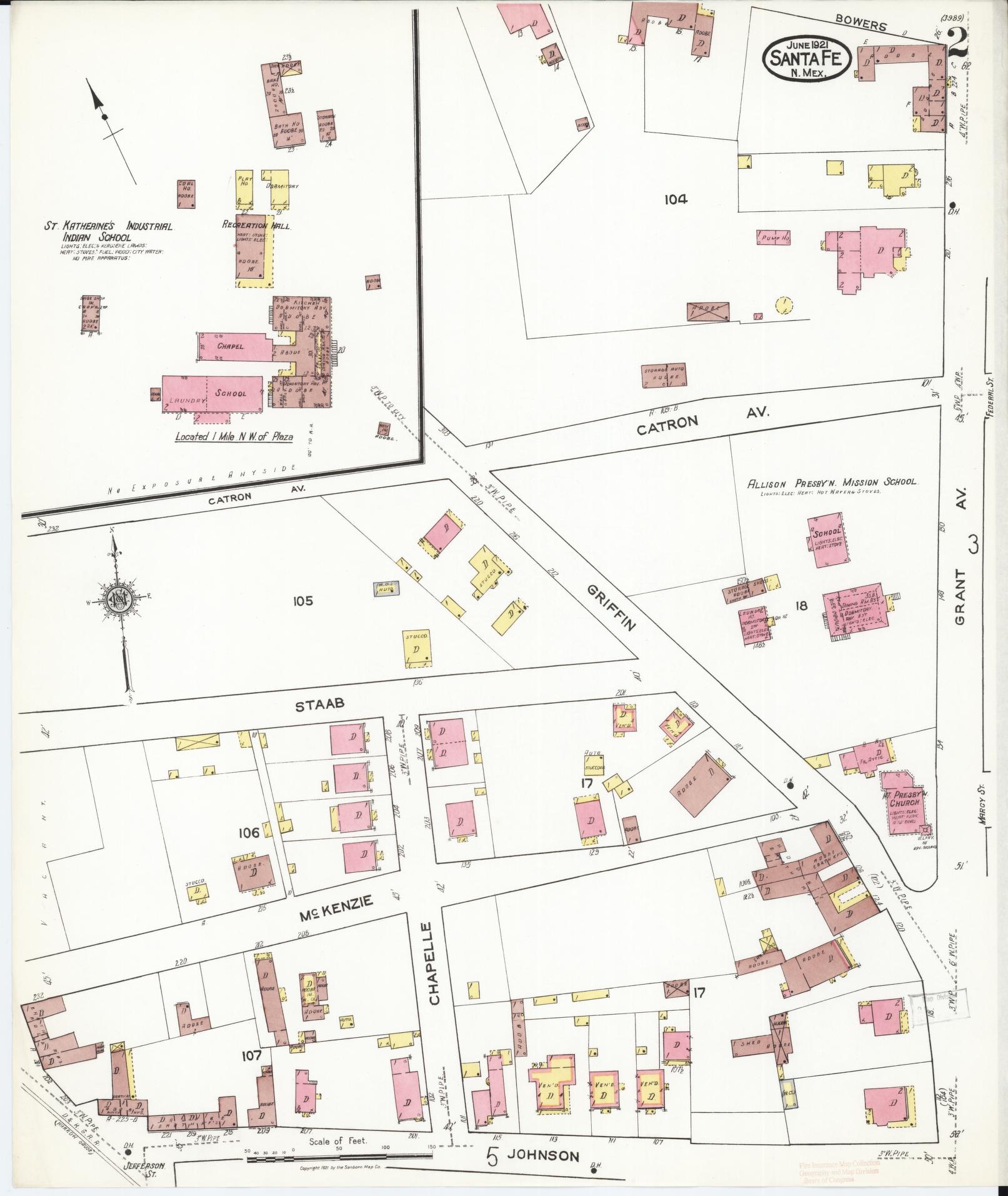 Sanborn Fire Insurance Map from Santa Fe, Santa Fe County, New Mexico (1921), Sheet #0002 - Complete Map Set gallery image, historic Sanborn map, vintage wall art, New Mexico New Mexico