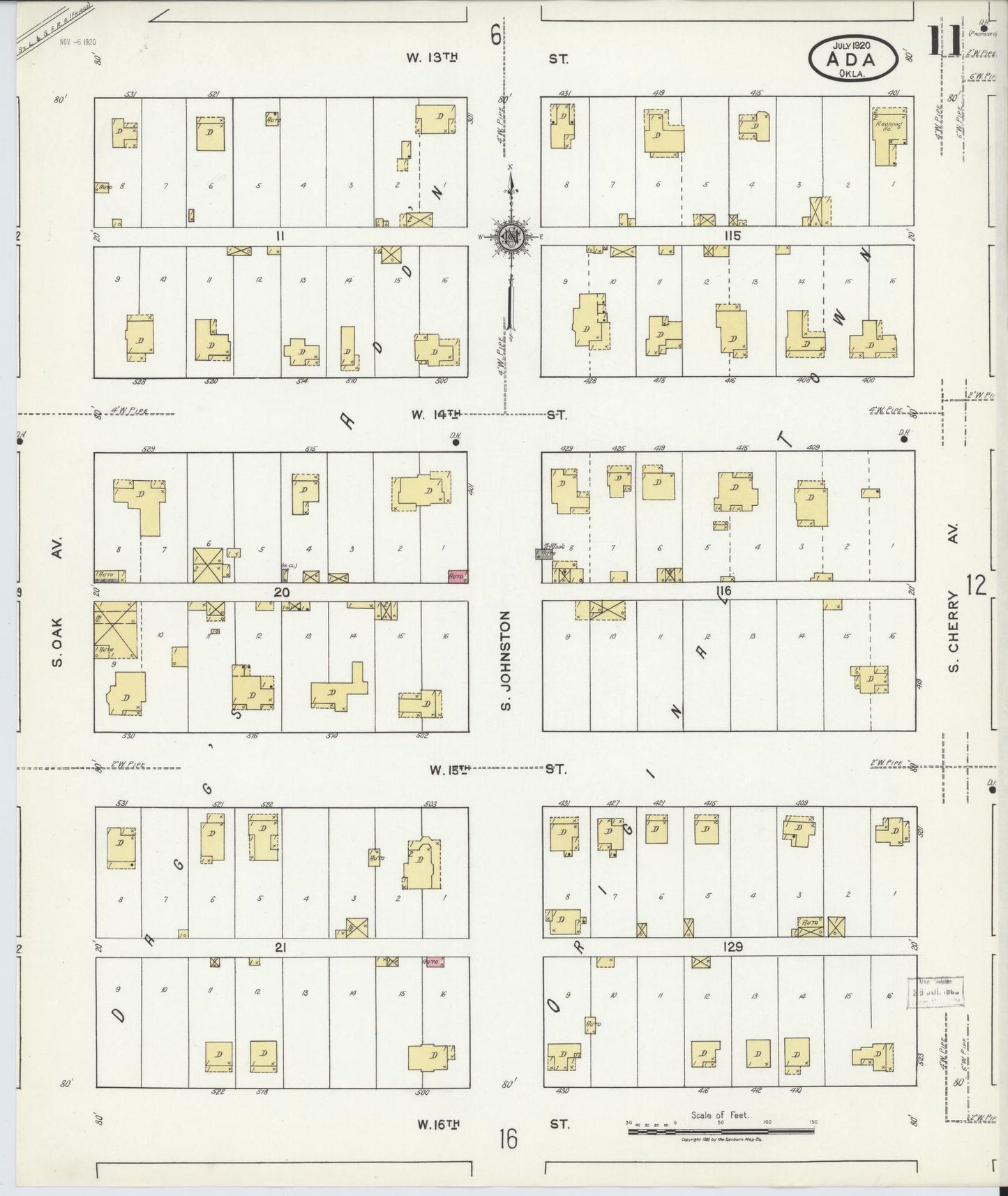 Sanborn Fire Insurance Map from Ada, Pontotoc County, Oklahoma (1920), Sheet #0011 - Complete Map Set gallery image, historic Sanborn map, vintage wall art, Oklahoma Oklahoma