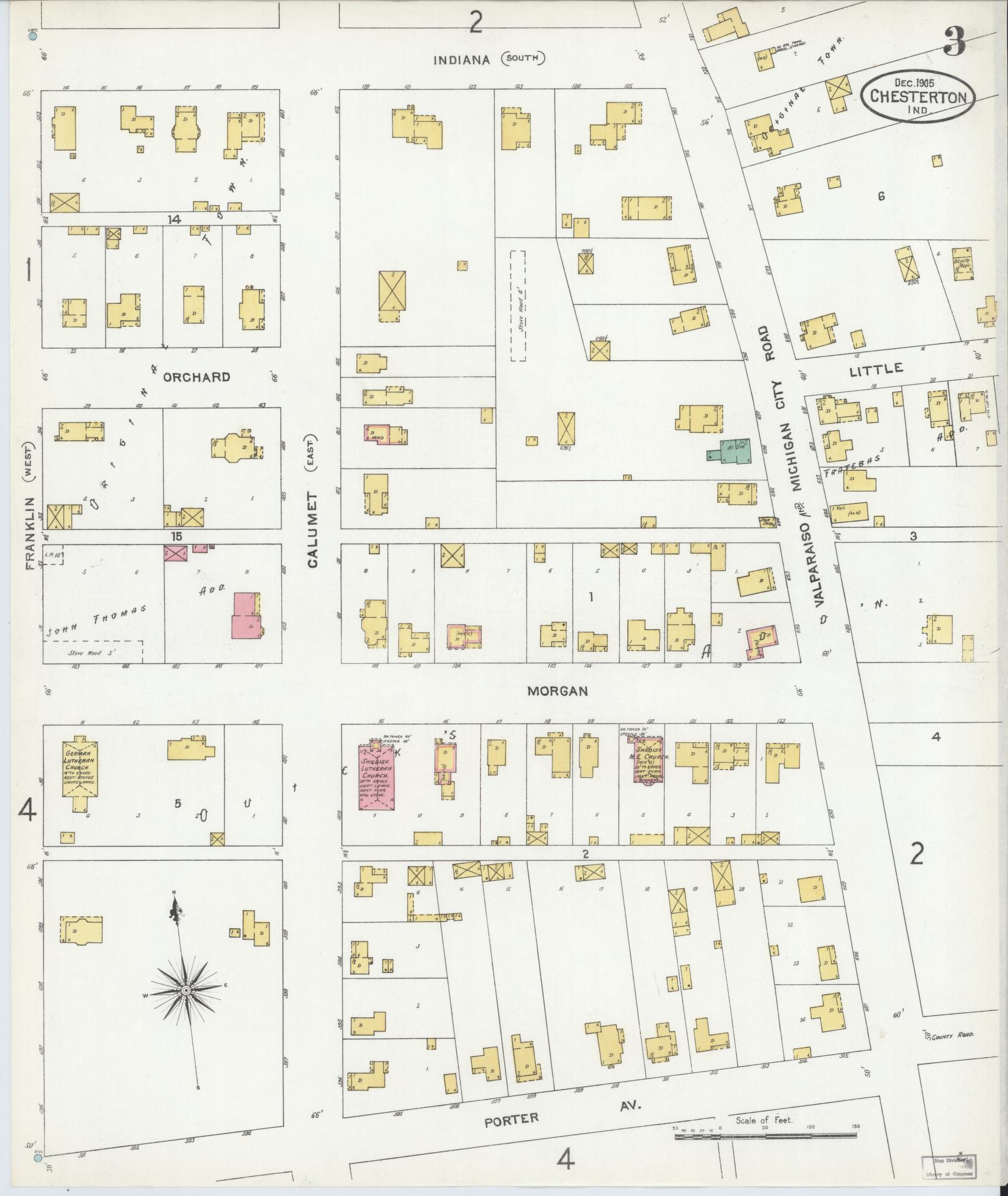 Sanborn Fire Insurance Map from Chesterton, Porter County, Indiana (1905), Sheet #0003 - Complete Map Set gallery image, historic Sanborn map, vintage wall art, Indiana Indiana