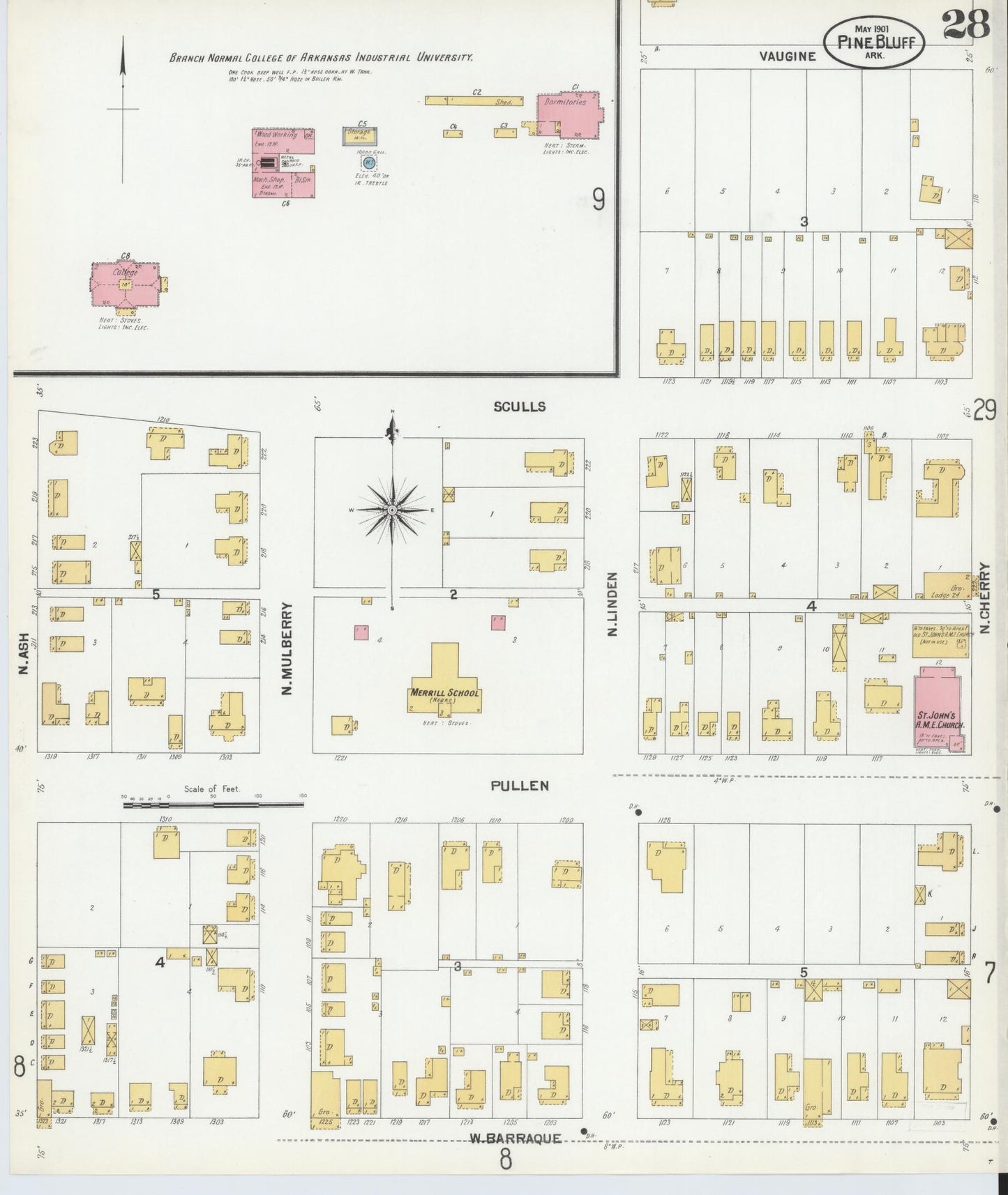 Sanborn Fire Insurance Map from Pine Bluff, Jefferson County, Arkansas (1901), Sheet #0028 - Complete Map Set gallery image, historic Sanborn map, vintage wall art, Arkansas Arkansas