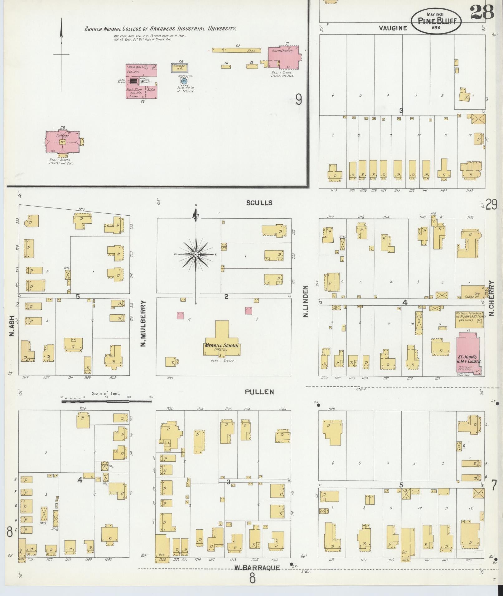 Sanborn Fire Insurance Map from Pine Bluff, Jefferson County, Arkansas (1901), Sheet #0028 - Complete Map Set gallery image, historic Sanborn map, vintage wall art, Arkansas Arkansas