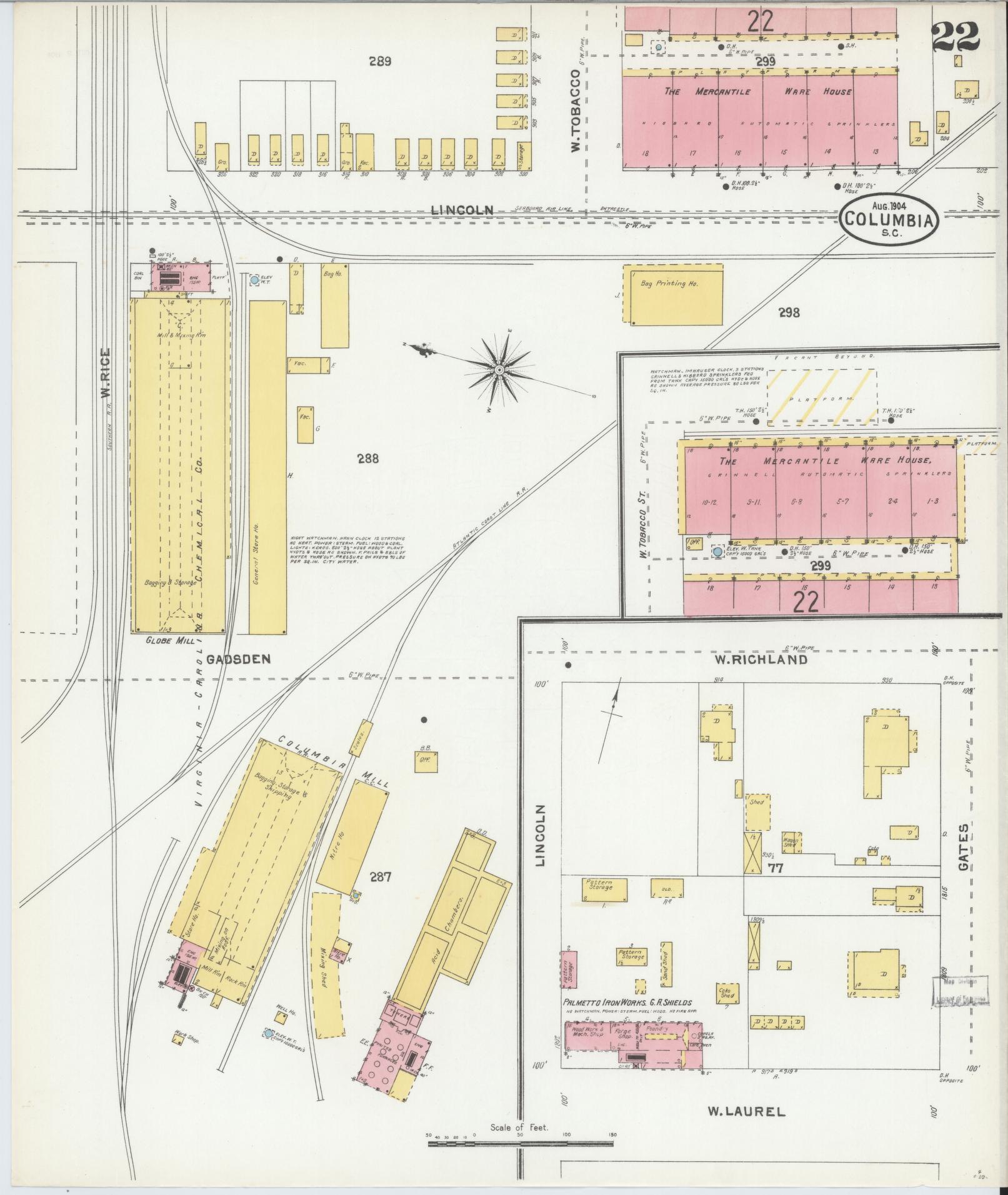 Sanborn Fire Insurance Map from Columbia, Richland County, South Carolina (1904), Sheet #0022 - Complete Map Set gallery image, historic Sanborn map, vintage wall art, South Carolina South Carolina