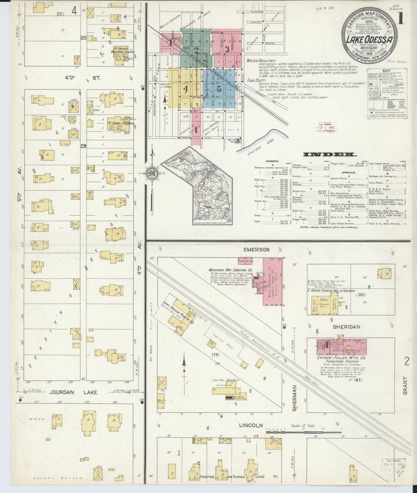 Sanborn Fire Insurance Map from Lake Odessa, Ionia County, Michigan (1912), Sheet #0001 - Complete Map Set gallery image, historic Sanborn map, vintage wall art, Michigan Michigan