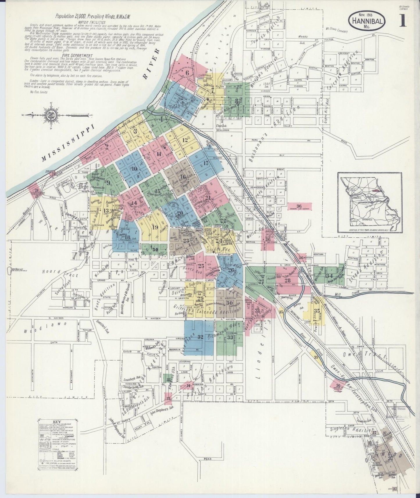 Sanborn Fire Insurance Map from Hannibal, Marion County, Missouri (1913), Sheet #0001 - Complete Map Set gallery image, historic Sanborn map, vintage wall art, Missouri Missouri
