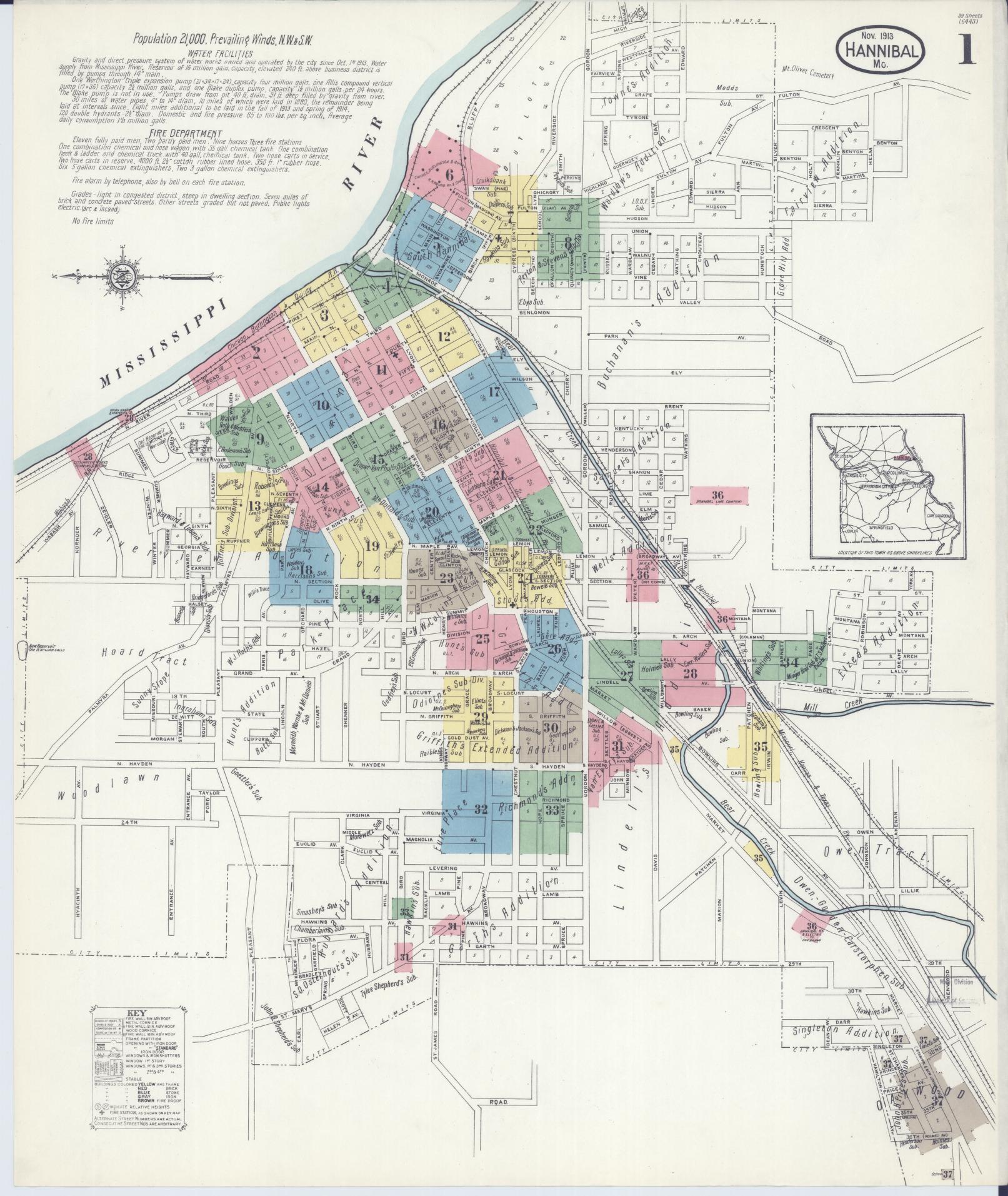 Sanborn Fire Insurance Map from Hannibal, Marion County, Missouri (1913), Sheet #0001 - Complete Map Set gallery image, historic Sanborn map, vintage wall art, Missouri Missouri