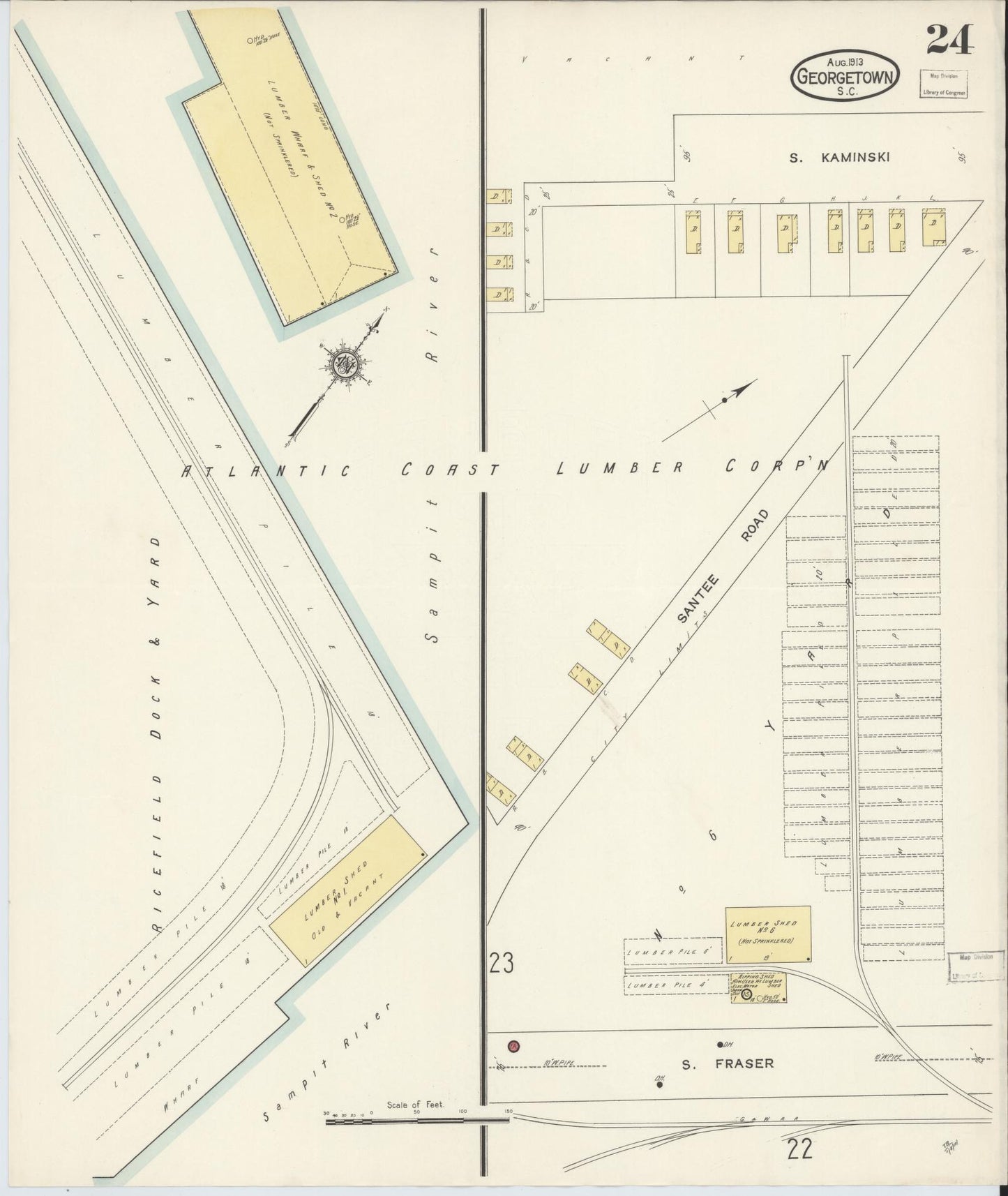 Sanborn Fire Insurance Map from Georgetown, Georgetown County, South Carolina (1913), Sheet #0024 - Historic Sanborn Fire Insurance Map Print, vintage old map wall art, antique decor, genealogy gift, South Carolina South Carolina map