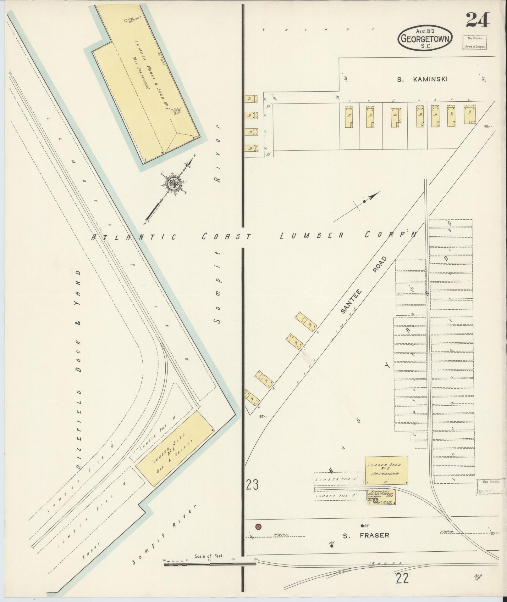 Sanborn Fire Insurance Map from Georgetown, Georgetown County, South Carolina (1913), Sheet #0024 - Historic Sanborn Fire Insurance Map Print, vintage old map wall art, antique decor, genealogy gift, South Carolina South Carolina map