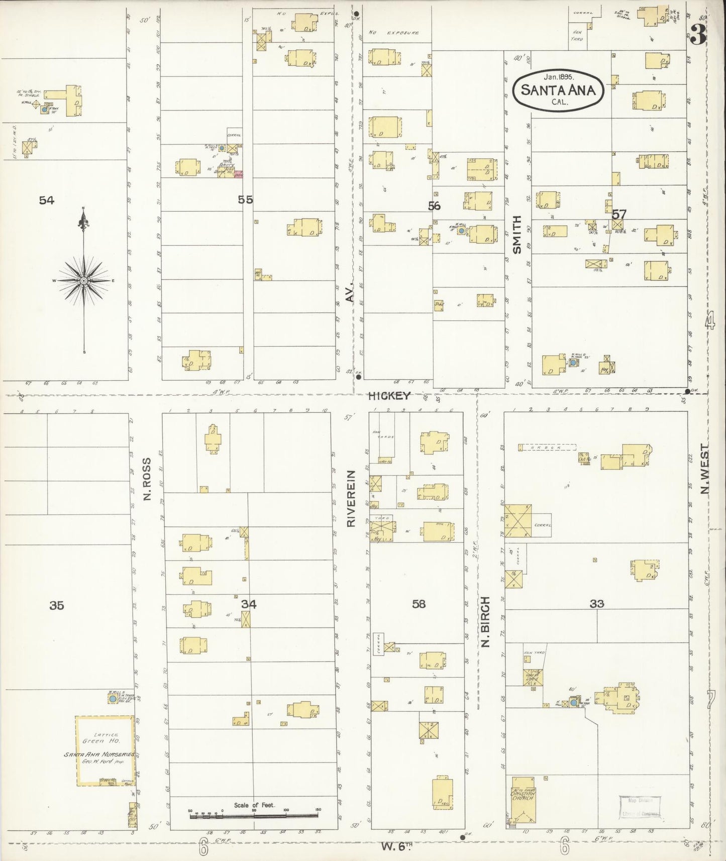 Sanborn Fire Insurance Map from Santa Ana, Orange County, California (1895), Sheet #0003 - Complete Map Set gallery image, historic Sanborn map, vintage wall art, California California