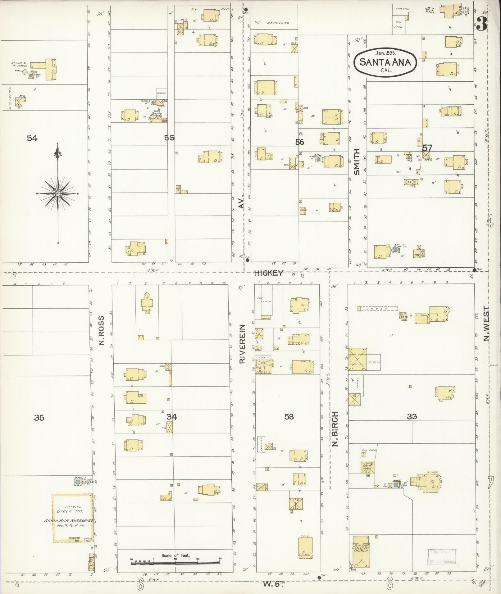 Sanborn Fire Insurance Map from Santa Ana, Orange County, California (1895), Sheet #0003 - Complete Map Set gallery image, historic Sanborn map, vintage wall art, California California