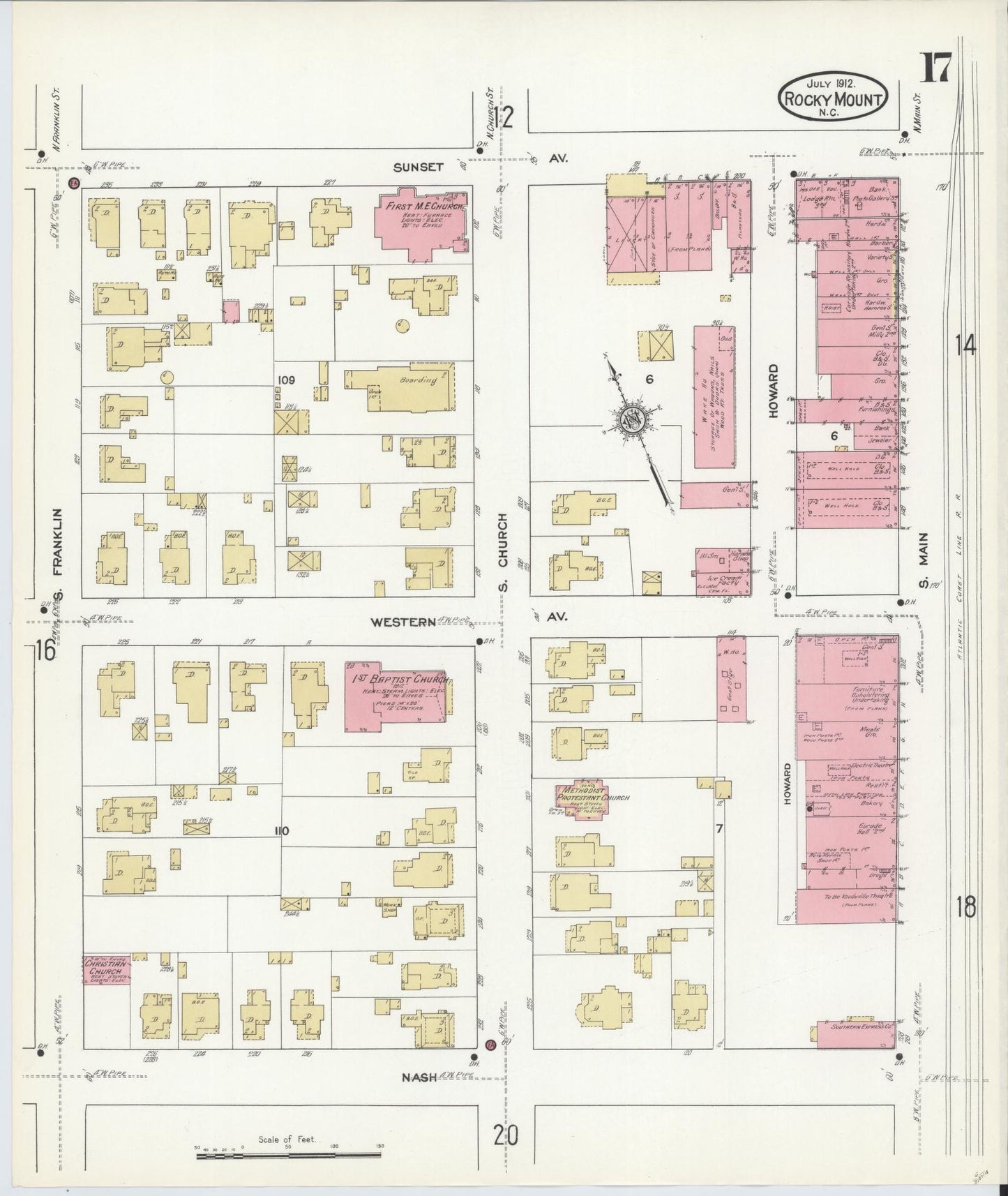 Sanborn Fire Insurance Map from Rocky Mount, Edgecombe And Nash Counties, North Carolina (1912), Sheet #0017 - Historic Sanborn Fire Insurance Map Print, vintage old map wall art, antique decor, genealogy gift, North Carolina North Carolina map