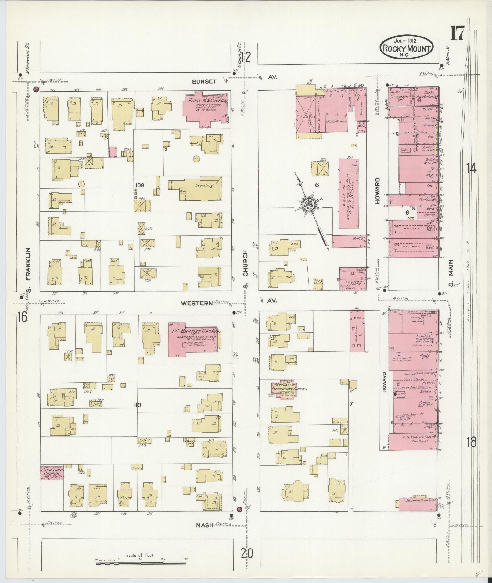 Sanborn Fire Insurance Map from Rocky Mount, Edgecombe And Nash Counties, North Carolina (1912), Sheet #0017 - Historic Sanborn Fire Insurance Map Print, vintage old map wall art, antique decor, genealogy gift, North Carolina North Carolina map