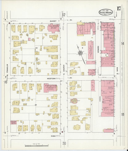Sanborn Fire Insurance Map from Rocky Mount, Edgecombe And Nash Counties, North Carolina (1912), Sheet #0017 - Historic Sanborn Fire Insurance Map Print, vintage old map wall art, antique decor, genealogy gift, North Carolina North Carolina map
