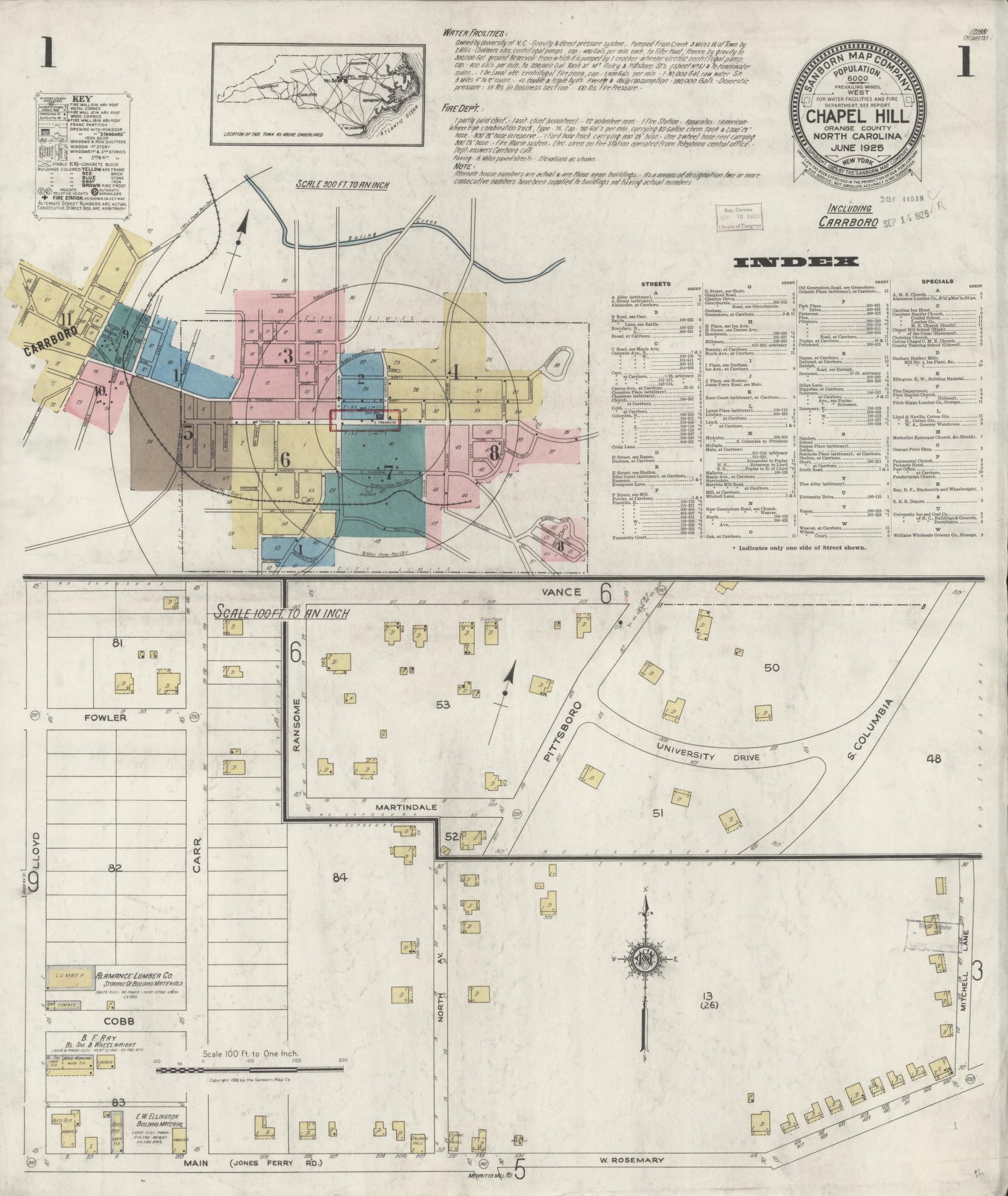 Sanborn Fire Insurance Map from Chapel Hill, Orange County, North Carolina (1925), Sheet #0001 - Historic Sanborn Fire Insurance Map Print, vintage old map wall art, antique decor, genealogy gift, North Carolina North Carolina map