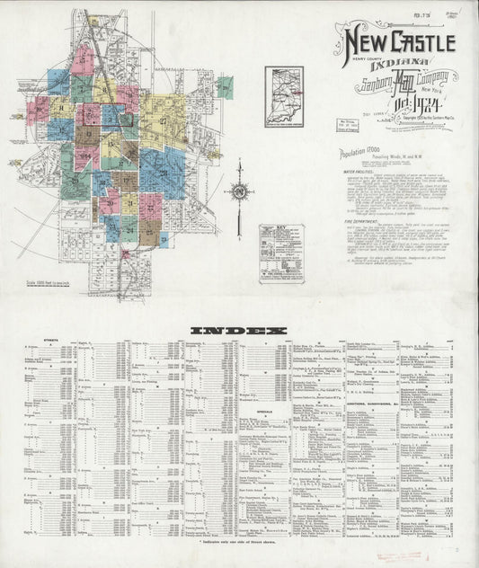 Sanborn Fire Insurance Map from New Castle, Henry County, Indiana (1924), Sheet #0001 - Historic Sanborn Fire Insurance Map Print, vintage old map wall art, antique decor, genealogy gift, Indiana Indiana map
