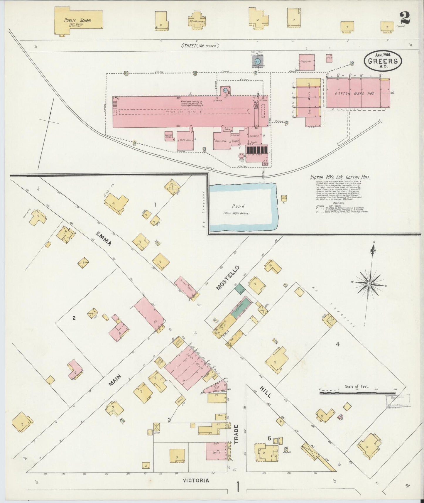 Sanborn Fire Insurance Map from Greer, Greenville and Spartanburg Counties, South Carolina (1904), Sheet #0002 - Historic Sanborn Fire Insurance Map Print, vintage old map wall art, antique decor, genealogy gift, South Carolina South Carolina map
