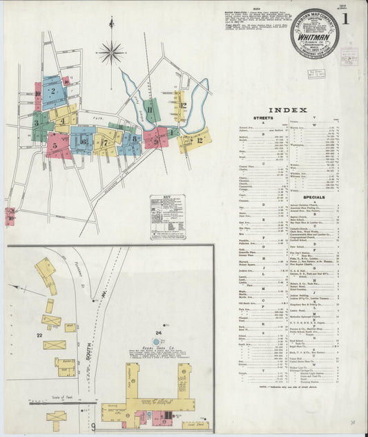 Sanborn Fire Insurance Map from Whitman, Plymouth County, Massachusetts (1905), Sheet #0001 - Historic Sanborn Fire Insurance Map Print, vintage old map wall art, antique decor, genealogy gift, Massachusetts Massachusetts map