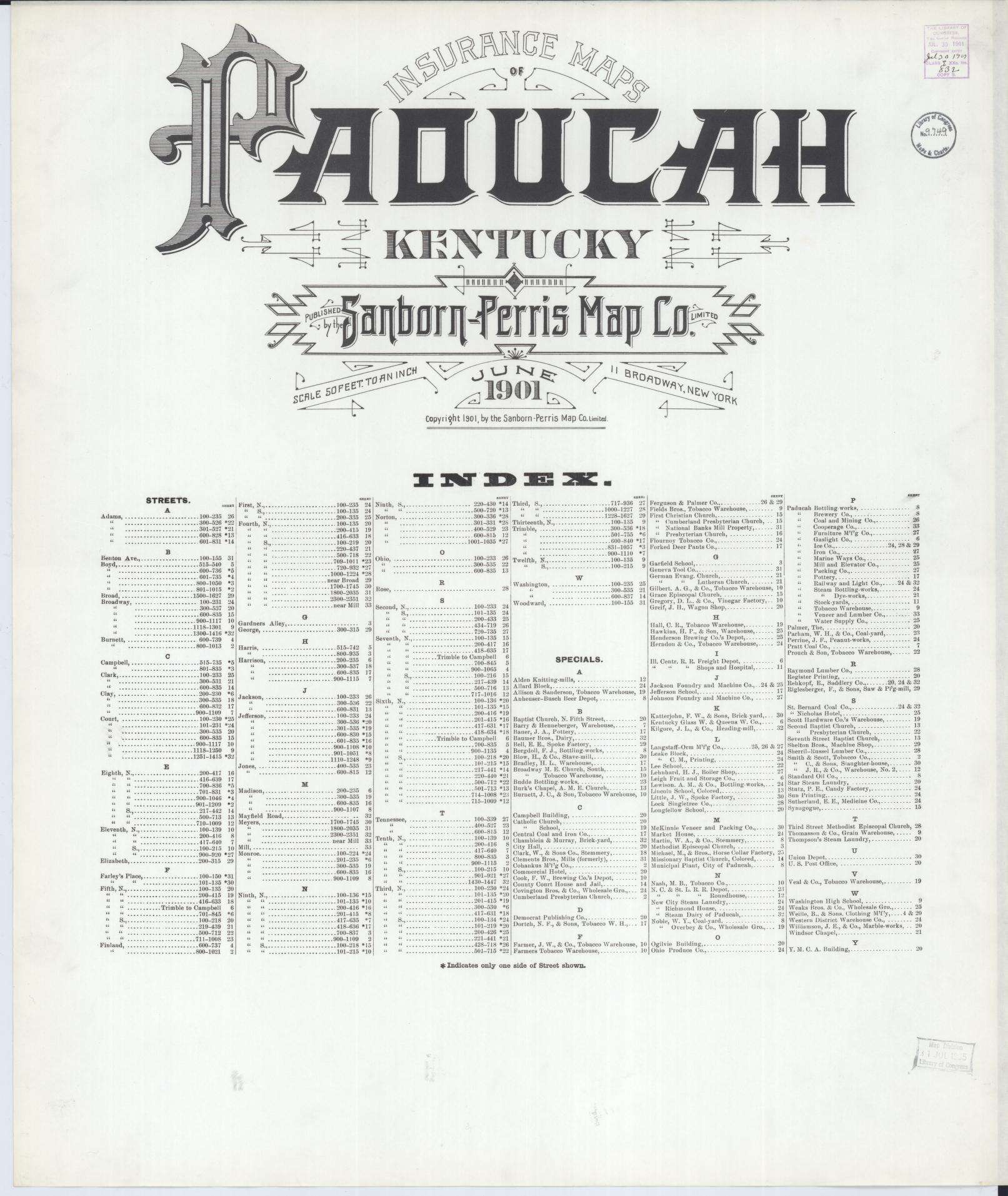 Sanborn Fire Insurance Map from Paducah, Mccraken County, Kentucky (1901), Sheet #0001 - Historic Sanborn Fire Insurance Map Print, vintage old map wall art, antique decor, genealogy gift, Kentucky Kentucky map