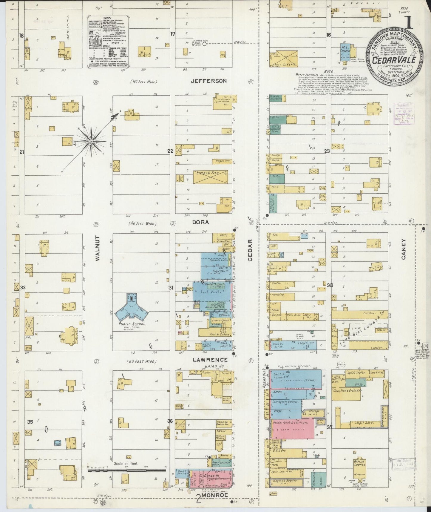 Sanborn Fire Insurance Map from Cedar Vale, Chautauqua County, Kansas (1905), Sheet #0001 - Historic Sanborn Fire Insurance Map Print, vintage old map wall art, antique decor, genealogy gift, Kansas Kansas map