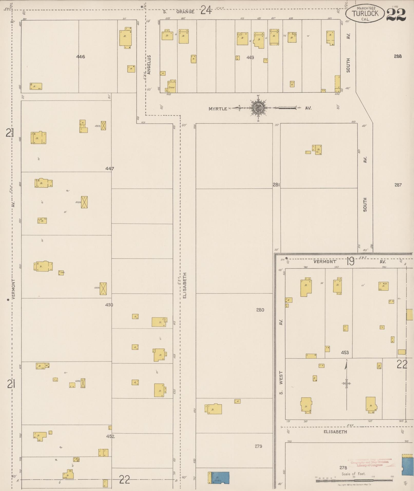 Sanborn Fire Insurance Map from Turlock, Stanislaus County, California (1922), Sheet #0022 - Complete Map Set gallery image, historic Sanborn map, vintage wall art, California California