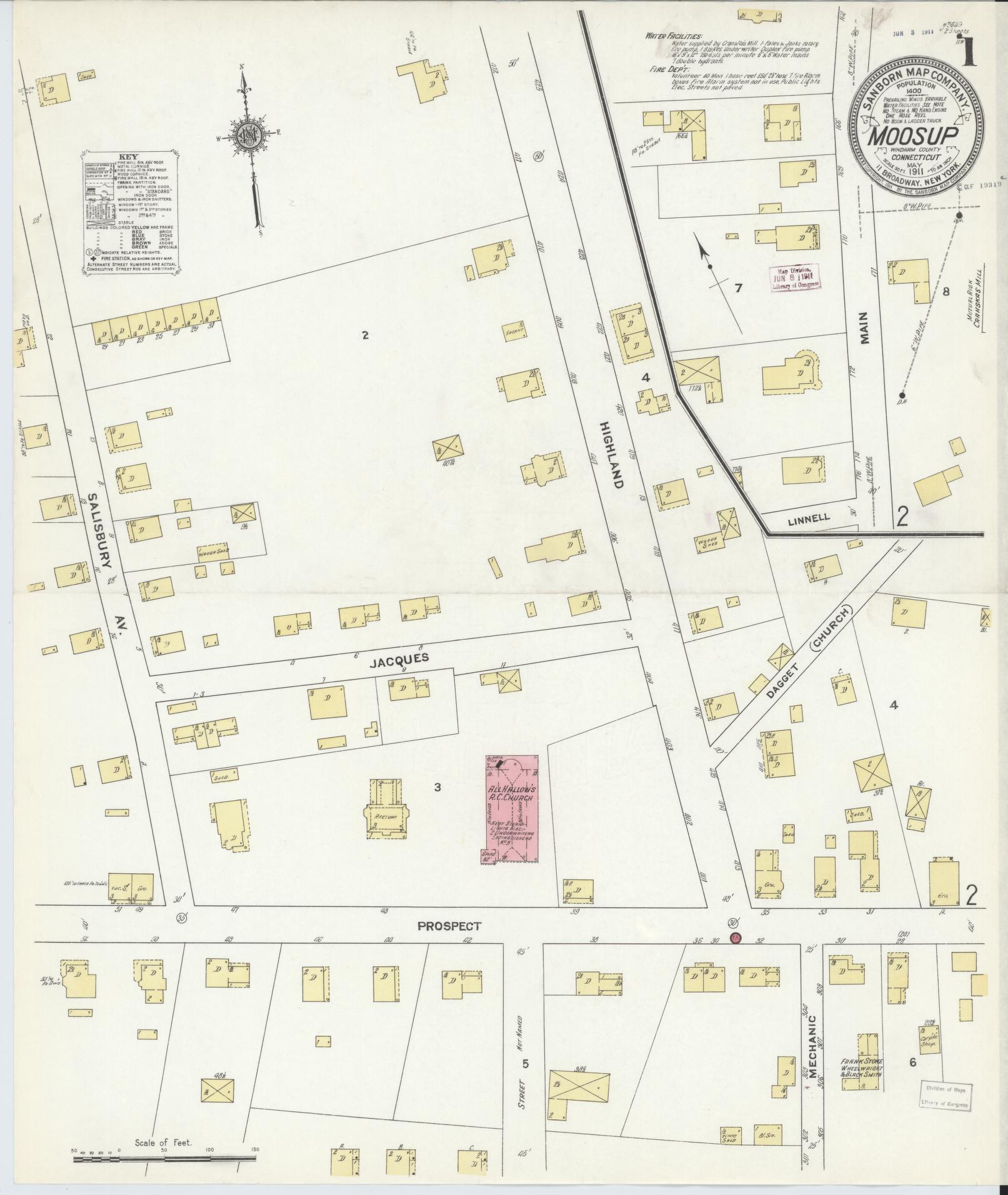 Sanborn Fire Insurance Map from Moosup, Windham County, Connecticut (1911), Sheet #0001 - Historic Sanborn Fire Insurance Map Print, vintage old map wall art, antique decor, genealogy gift, Connecticut Connecticut map